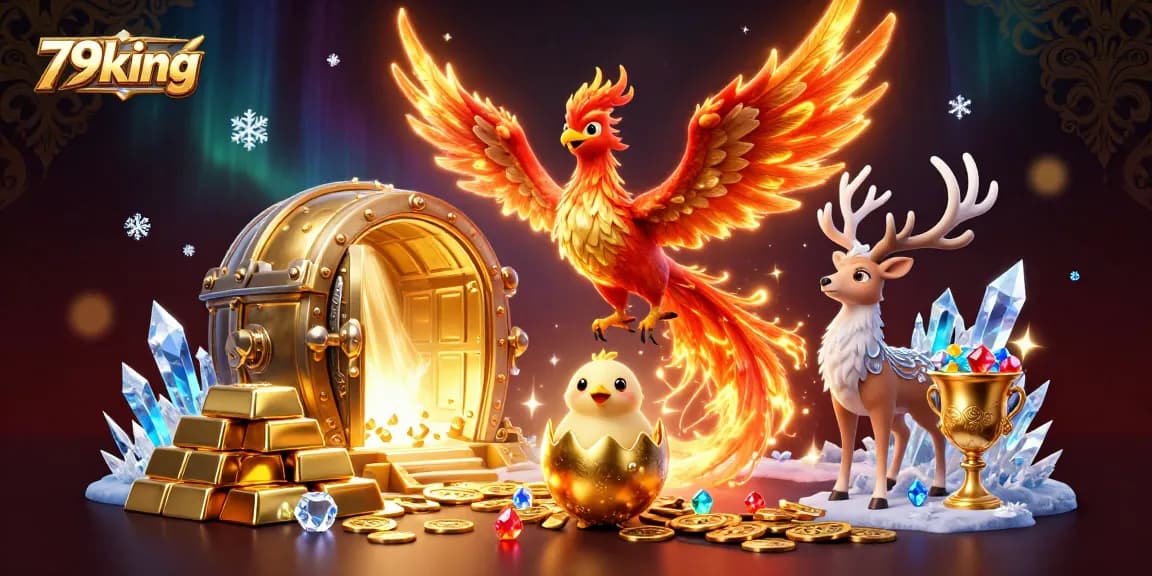Experience the thrill of 79king with an enchanting scene featuring majestic characters amidst golden treasures.