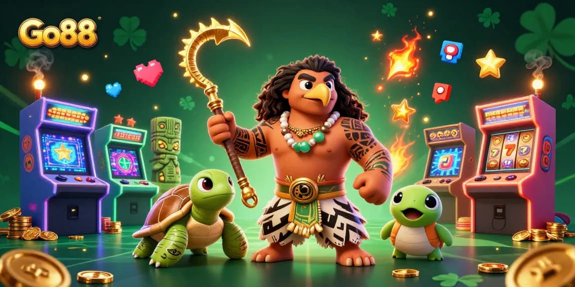 Engage in thrilling gaming adventures at Go88 with vibrant characters, colorful game elements, and a captivating casino atmosphere.
