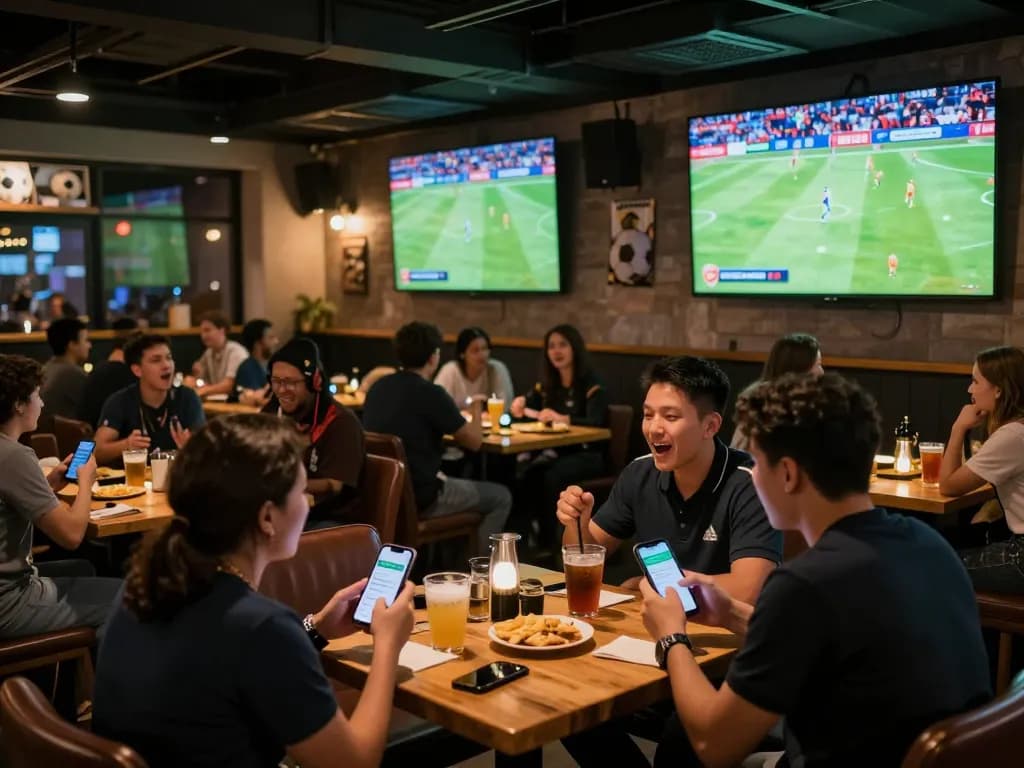 Fans actively engaging with betting apps while watching World Cup 2026 in a lively sports bar