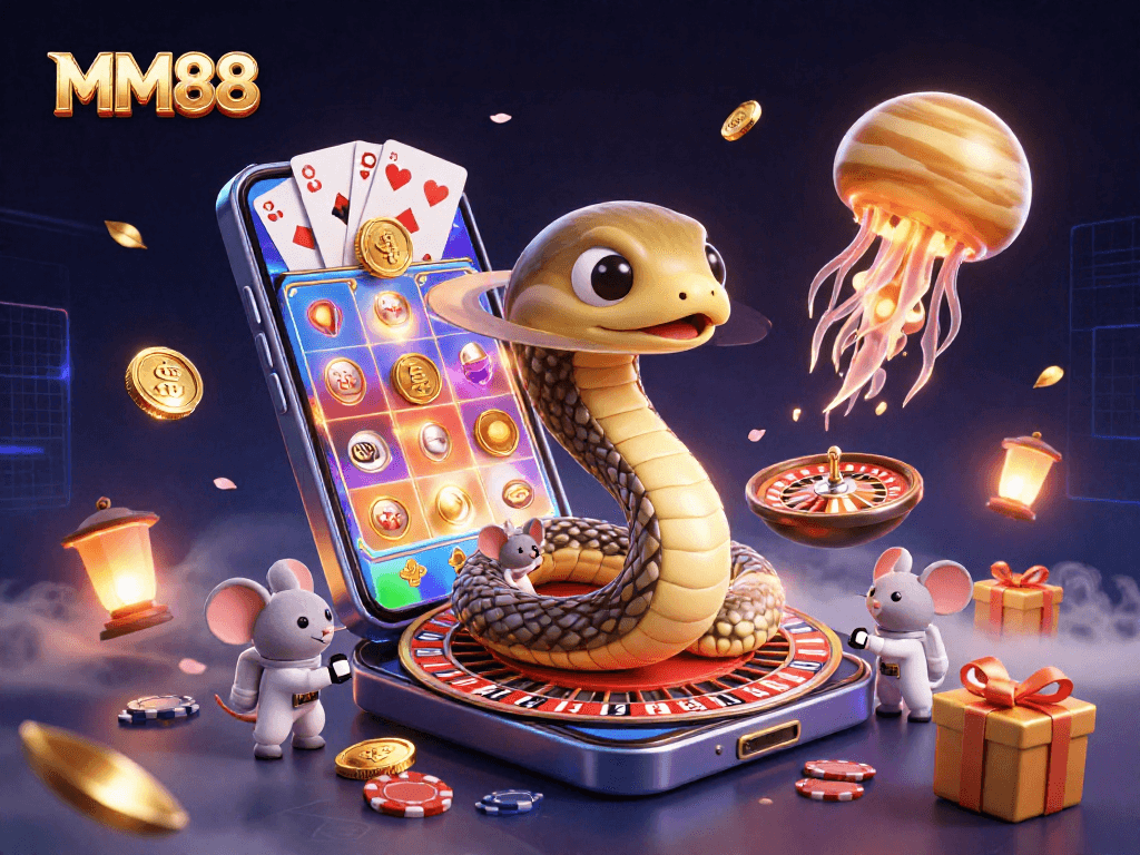 Experience the thrilling MM88 casino with vibrant characters and engaging gaming elements in a cosmic setting.