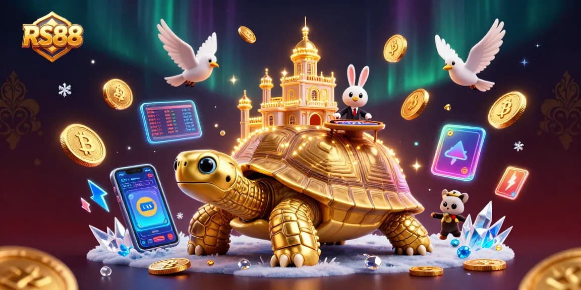 RS88 showcases a vibrant casino scene with a golden tortoise and a rabbit dealer amidst flying coins.