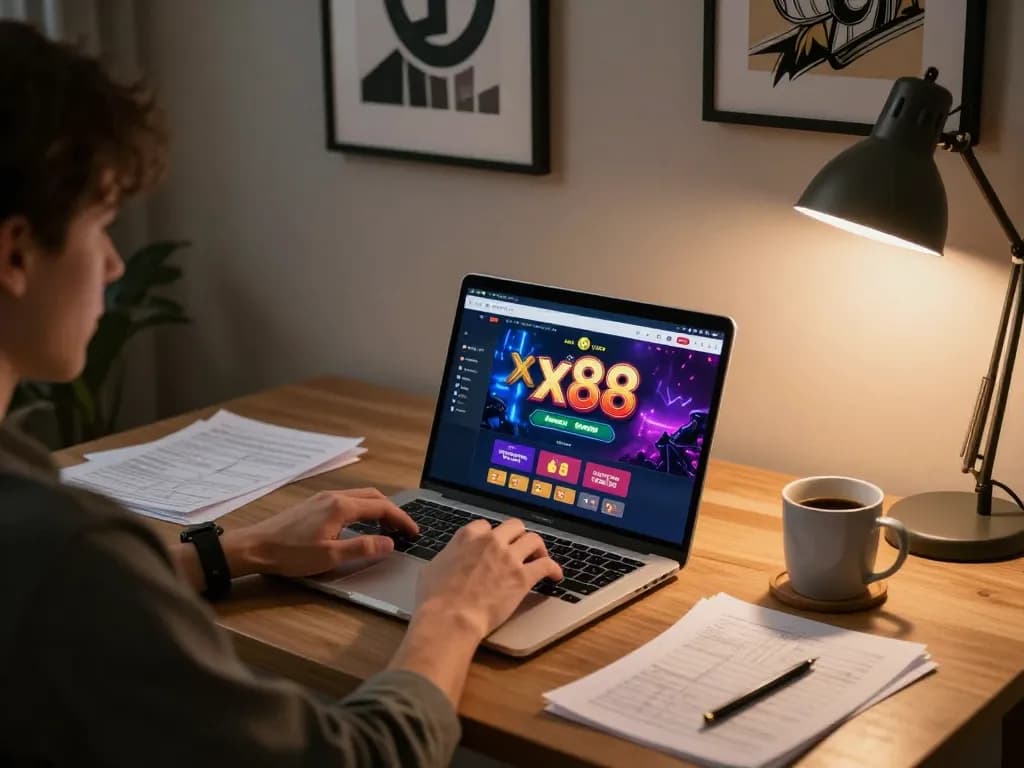 Engaging online gaming session at xx88 com with casino interface on laptop, coffee and strategy notes