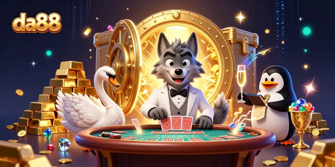 Join the adventure with da88 as a debonair wolf and friends deal cards at an exciting baccarat table.