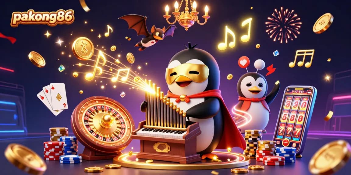 Pakong86 showcases a 3D penguin playing a treasure-filled organ in a vibrant casino scene.