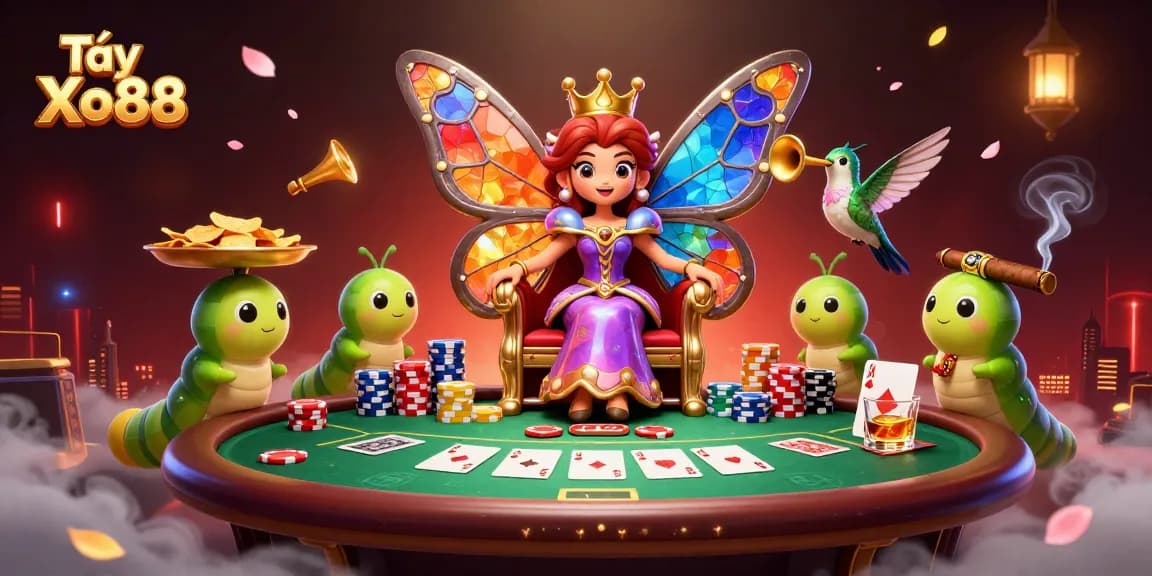 Tải Xo88 showcases an enchanting casino scene with a butterfly queen and poker elements, demonstrating vivid gaming excitement.