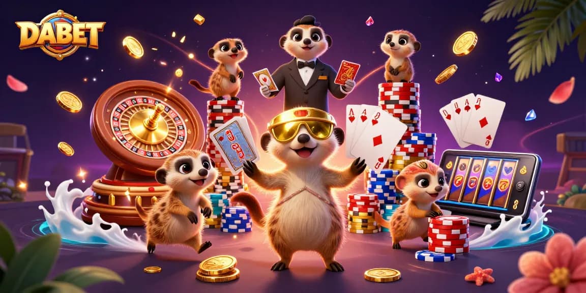 DABET meerkats run a vibrant casino, featuring card dealers, chips, and roulette.