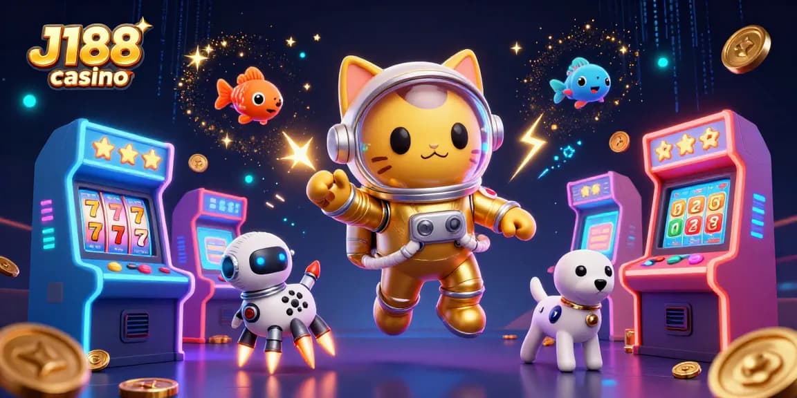 Engage with J188 casino's vibrant 3D scene featuring a floating space cat, robot dog, and alien fish in a dynamic gaming atmosphere.