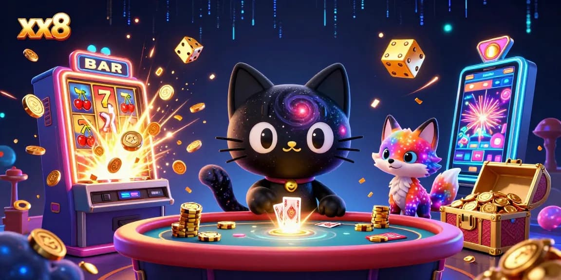 Experience thrilling gameplay with xx8 as a cosmic cat and fox enjoy jackpots and casino fun.