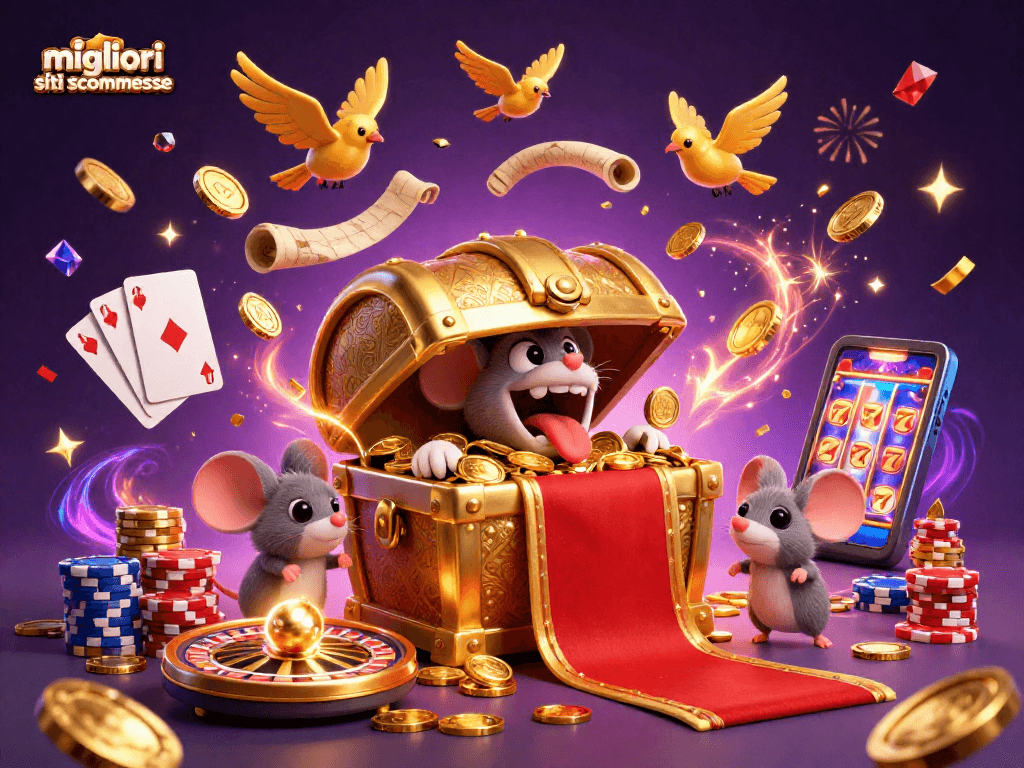 Esplora i migliori siti scommesse con questa illustrazione vivace di un forziere d'oro e avventure di gioco.
