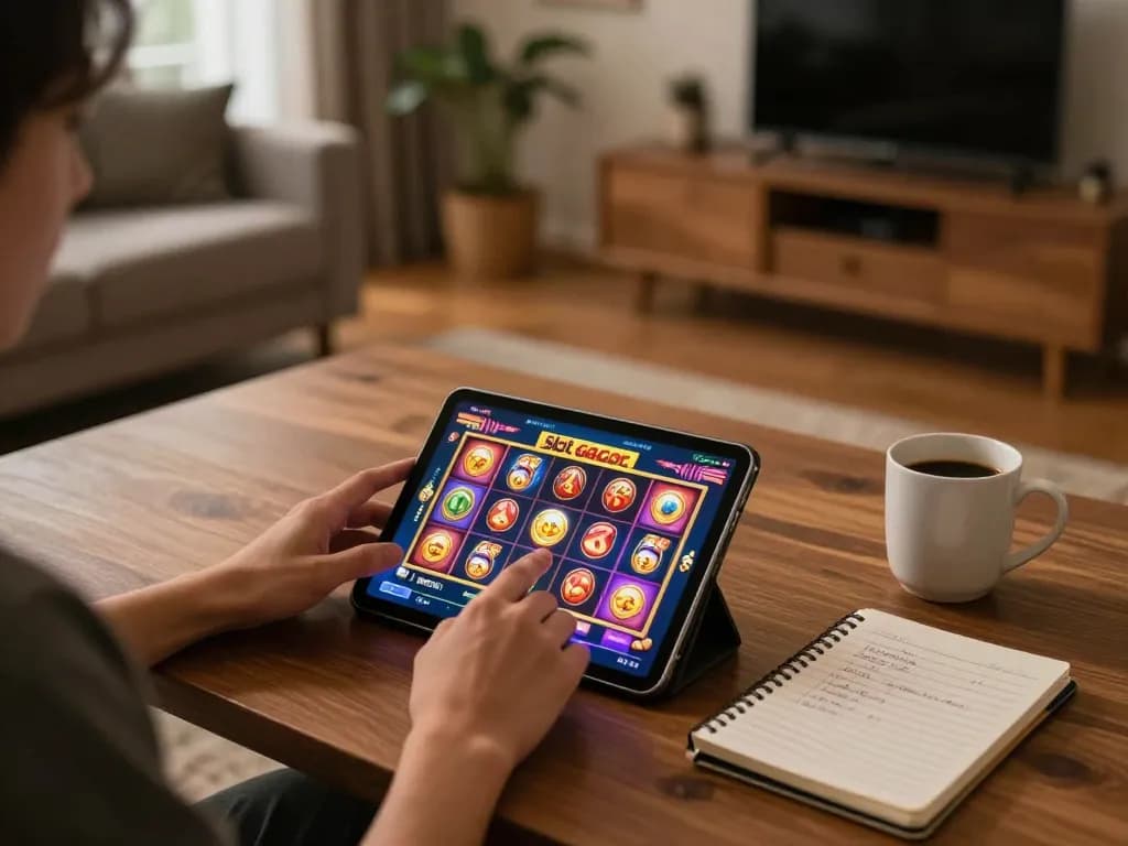 Player engaging with Slot Gacor online, vibrant graphics on tablet in cozy home setting