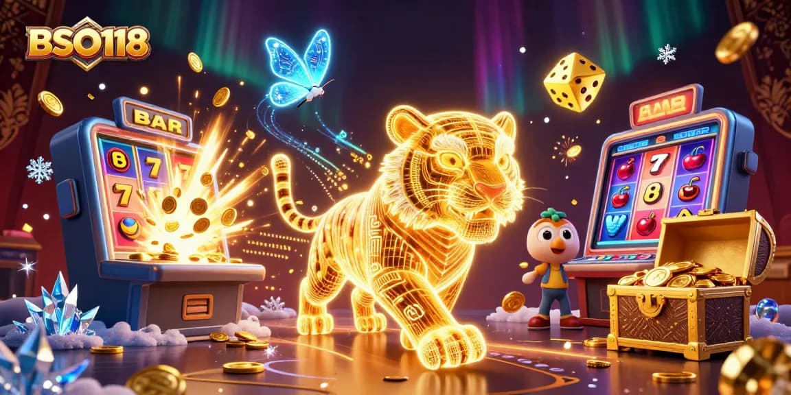 BSO118 immersive illustration of a golden tiger in a vibrant digital casino scene.
