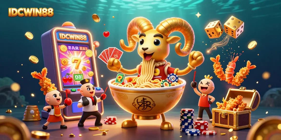 Enjoy thrilling gaming action with IDCWIN88 featuring a vibrant scene of playful characters and exciting slot elements.