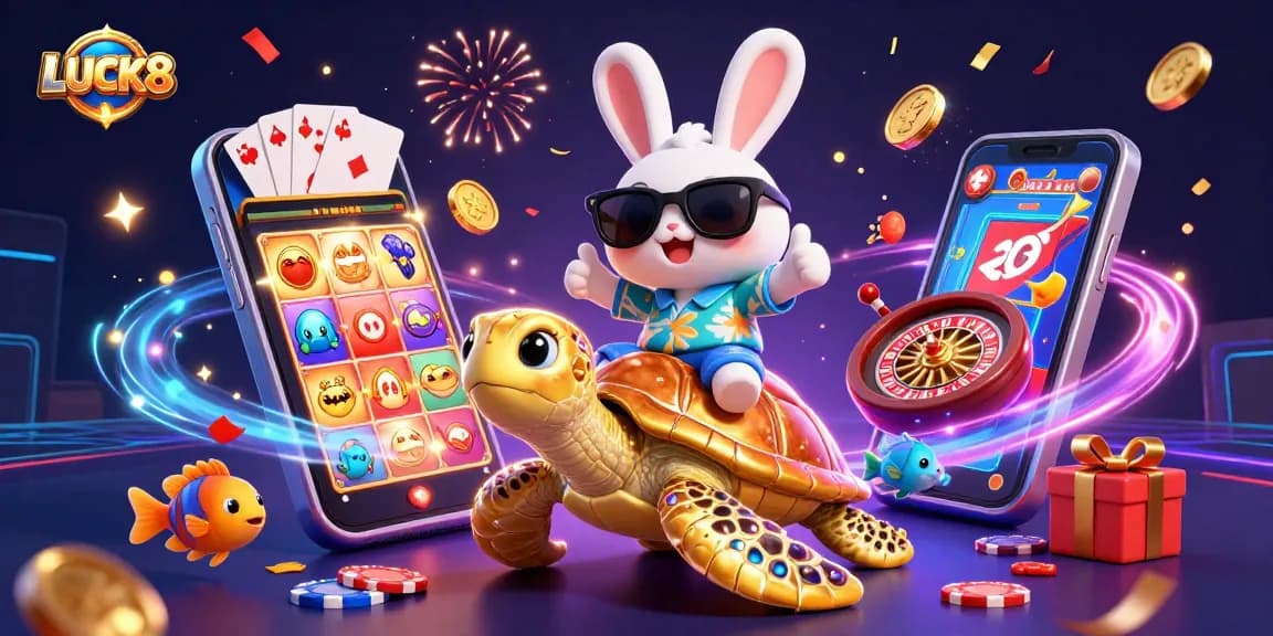 LUCK8 offers an engaging illustration with a lucky rabbit and golden turtle celebrating casino gaming.
