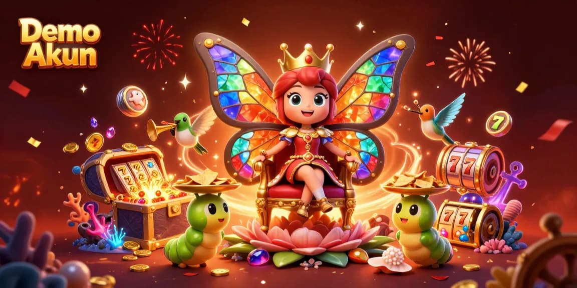 Engage with Demo Akun through a vibrant 3D casino scene filled with character interactions and game elements.