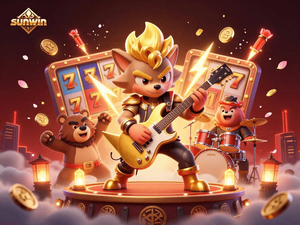 sunwin showcases a dynamic casino stage scene with a rock star wolf and lucky slot symbols