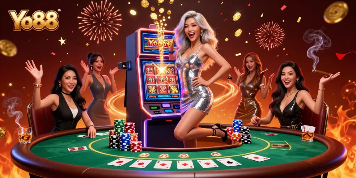 Celebrate jackpots at Yo88 with a stunning Asian woman winning at the slot machine amidst vibrant casino elements.