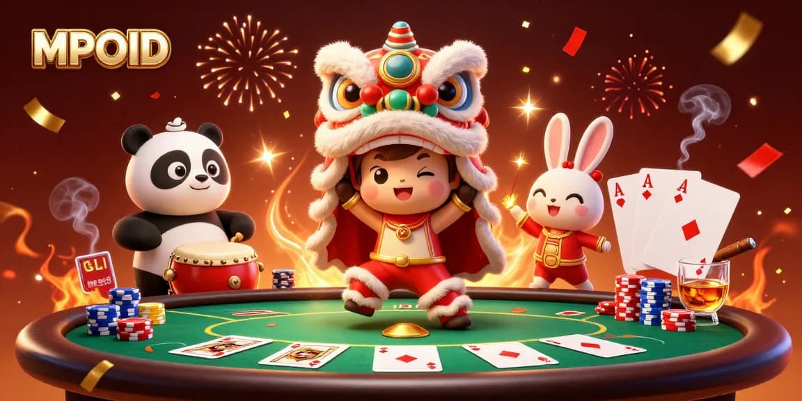 Engage in MPOID’s exciting gaming atmosphere with a vibrant lion dance and dynamic poker elements.