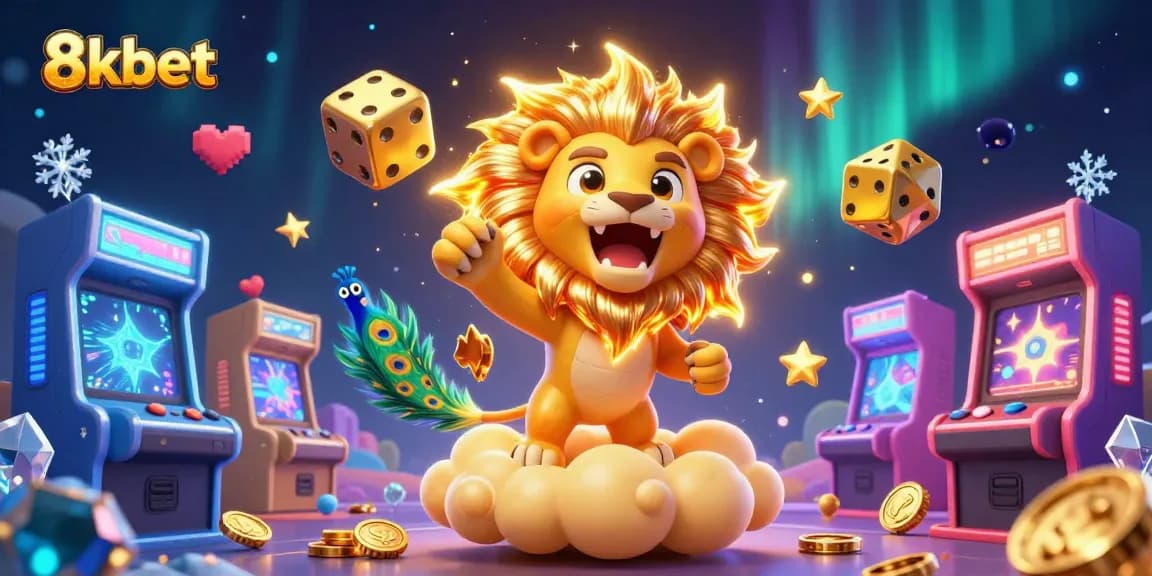 Engage with 8kbet's thrilling games through this vibrant 3D casino-themed illustration.