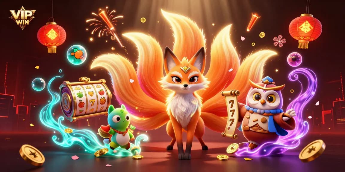 Experience vibrant gaming with VIPWIN's nine-tailed fox and dynamic slot reels filled with lucky symbols.