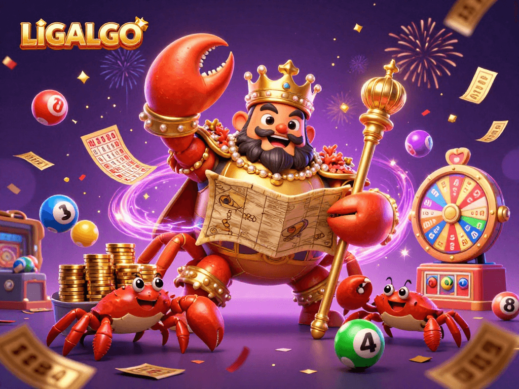 LIGALGO showcases a vibrant 3D casino scene with a golden crab emperor and colorful lottery elements for gaming excitement.