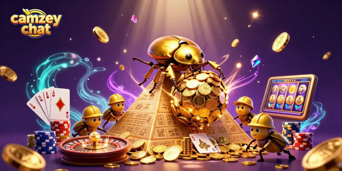 Engage in camzey chat with animated characters amidst sparkling casino elements in a vibrant scene.