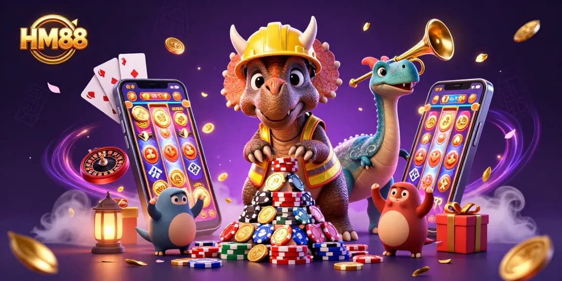 Play exciting slot games at HM88 with a colorful 3D illustration featuring vibrant casino elements.