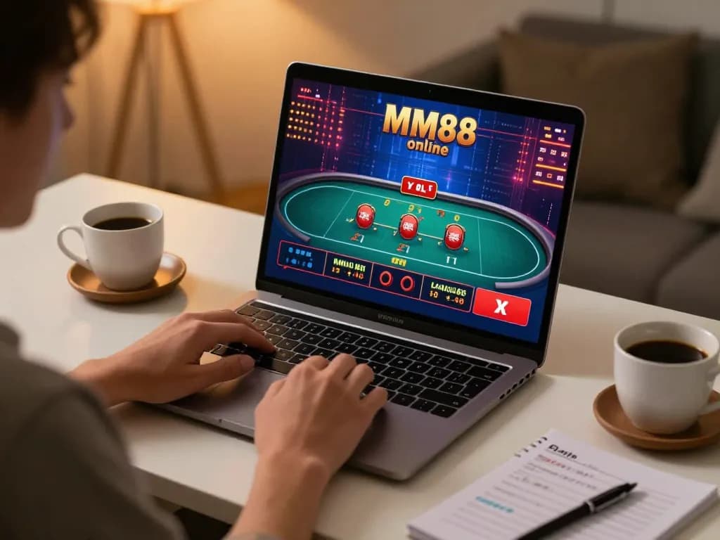 Engaging in MM88 online casino game with a live dealer at a modern workspace