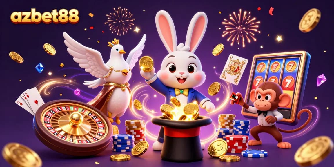 azbet88 captures a thrilling casino scene with a magician, dove, and monkey amidst golden coins and poker chips.
