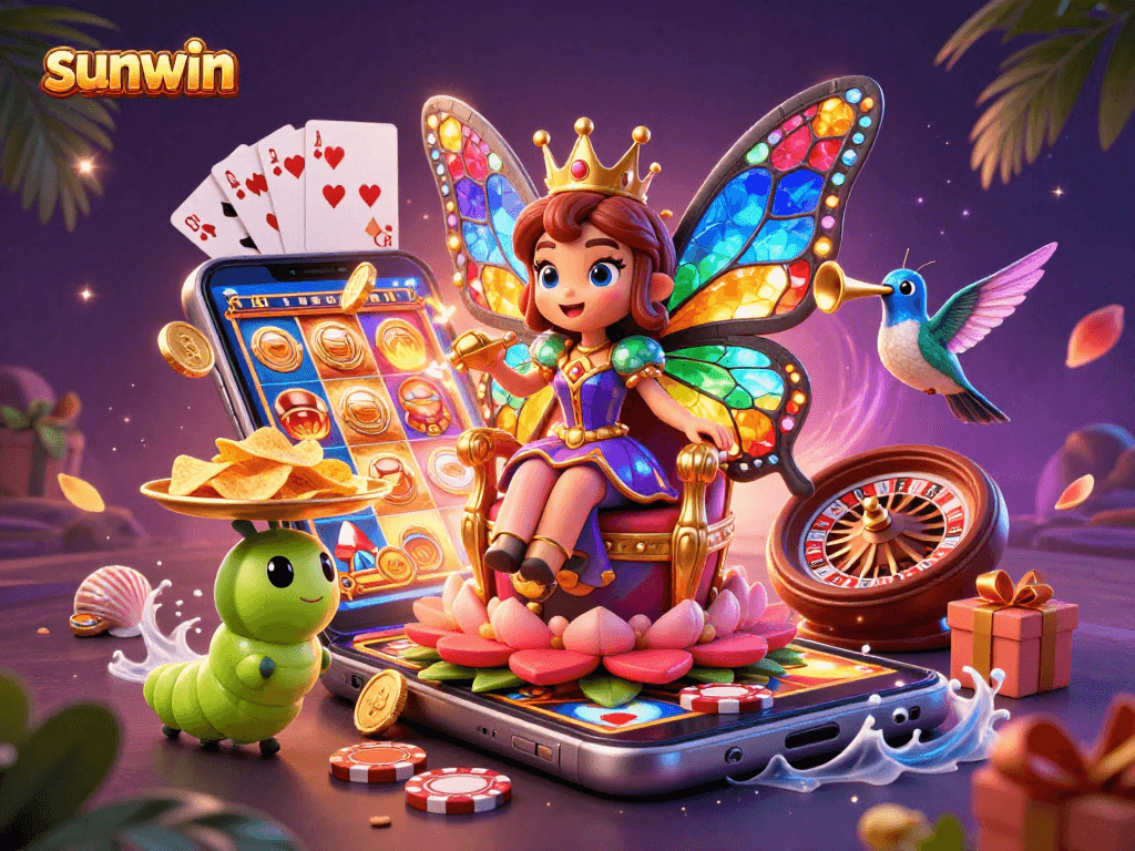 Engage with sunwin's vibrant 3D casino world featuring a butterfly queen and thrilling game elements.