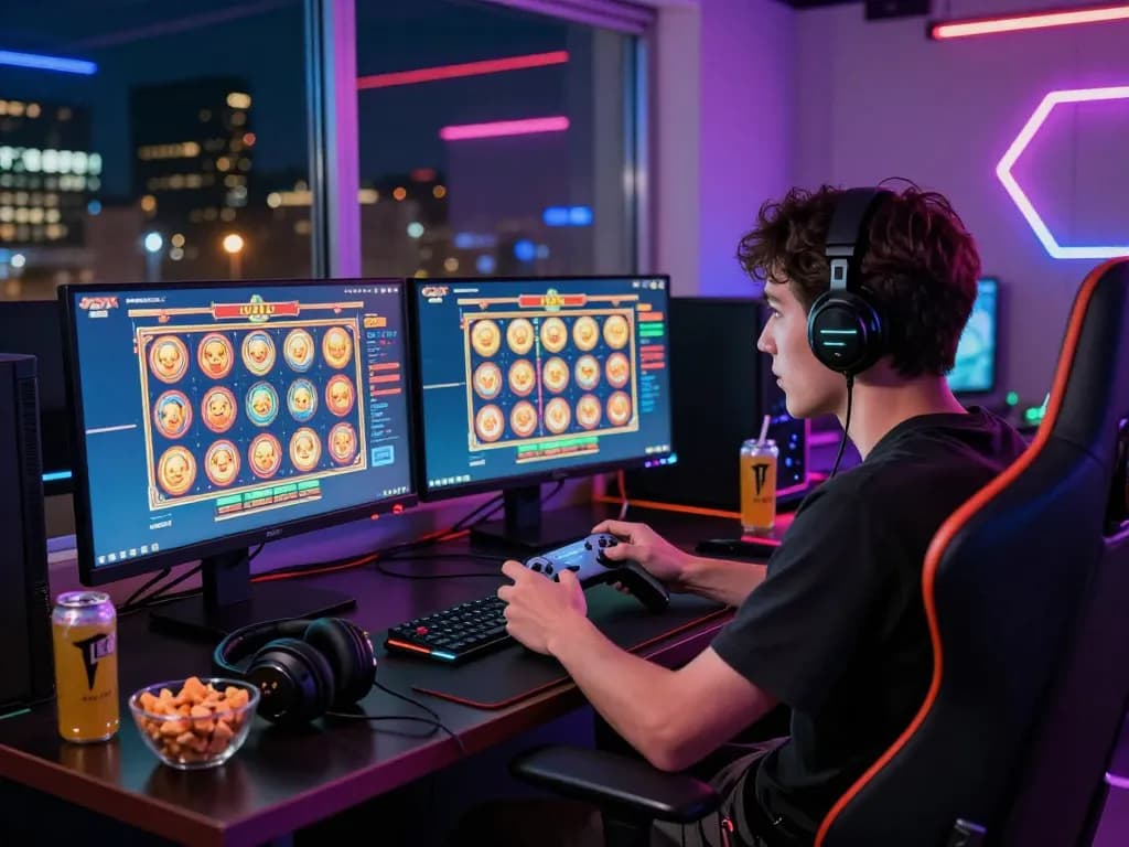 Player enjoying a thrilling game session on vegasslot77.com with colorful setup and city view