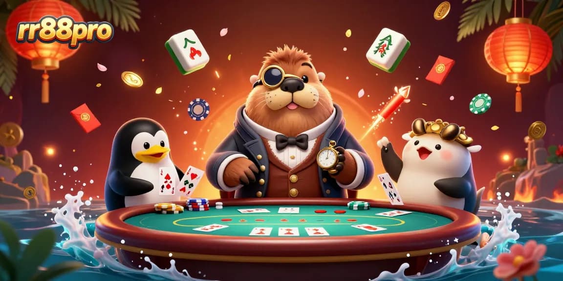 Experience thrilling card games at rr88pro with this lively poker illustration featuring a walrus, penguin dealer, and pufferfish.