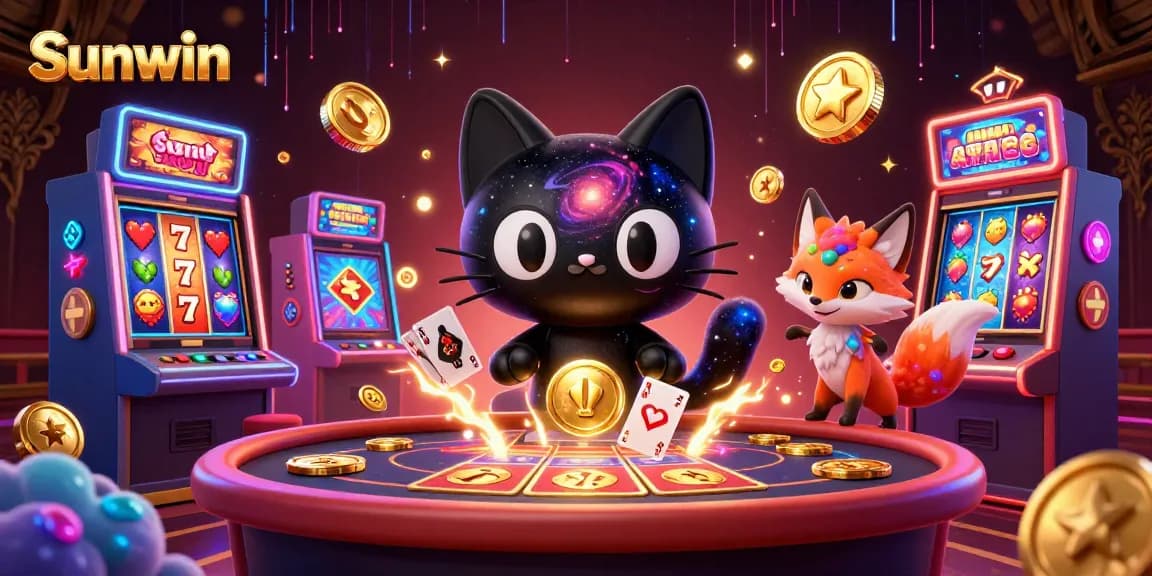 Sunwin's cosmic casino scene with a black hole cat and colorful slot machines engaging players.