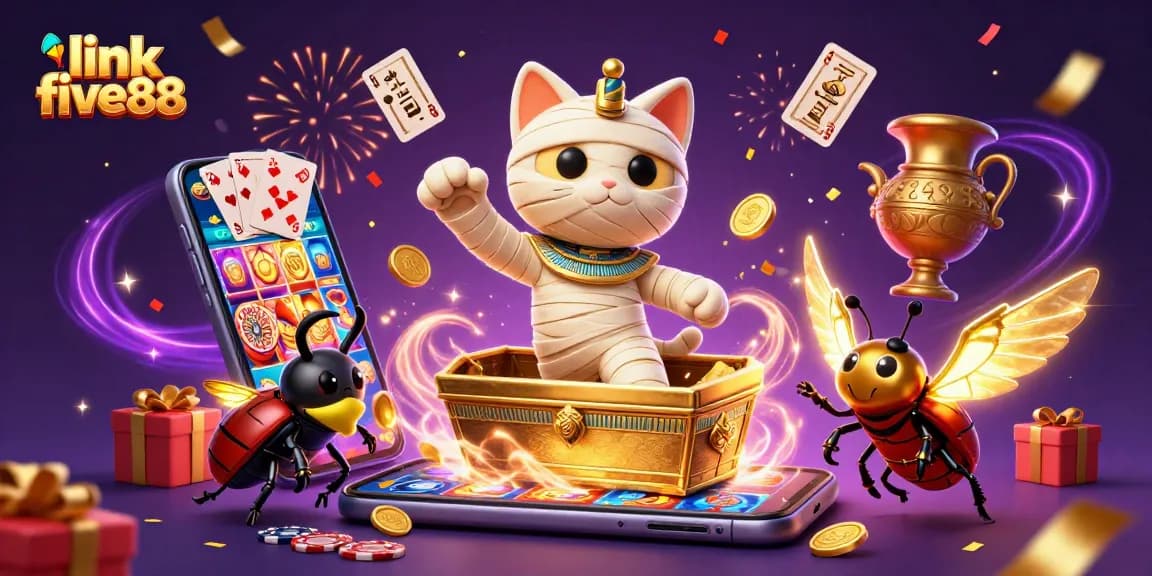 Engage in thrilling action with link five88 as vibrant Egyptian-themed casino characters celebrate winning.