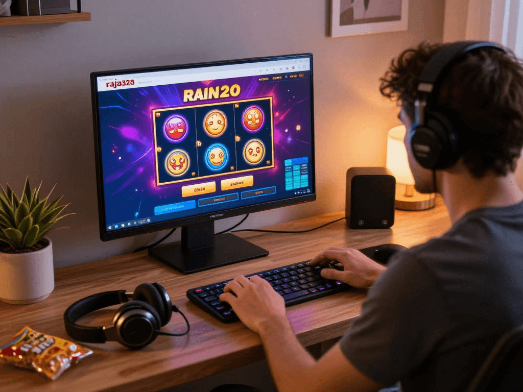 Engaged player enjoying raja328 slot games at a vibrant online casino setup.