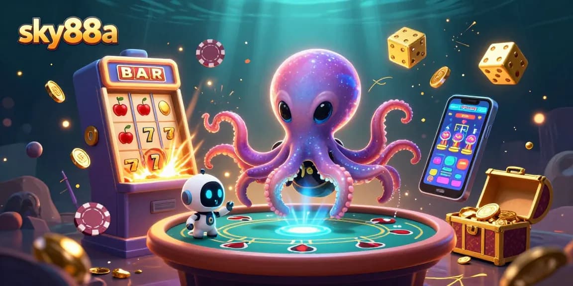 Engage with interactive gaming at sky88a featuring an alien octopus at a holographic poker table.