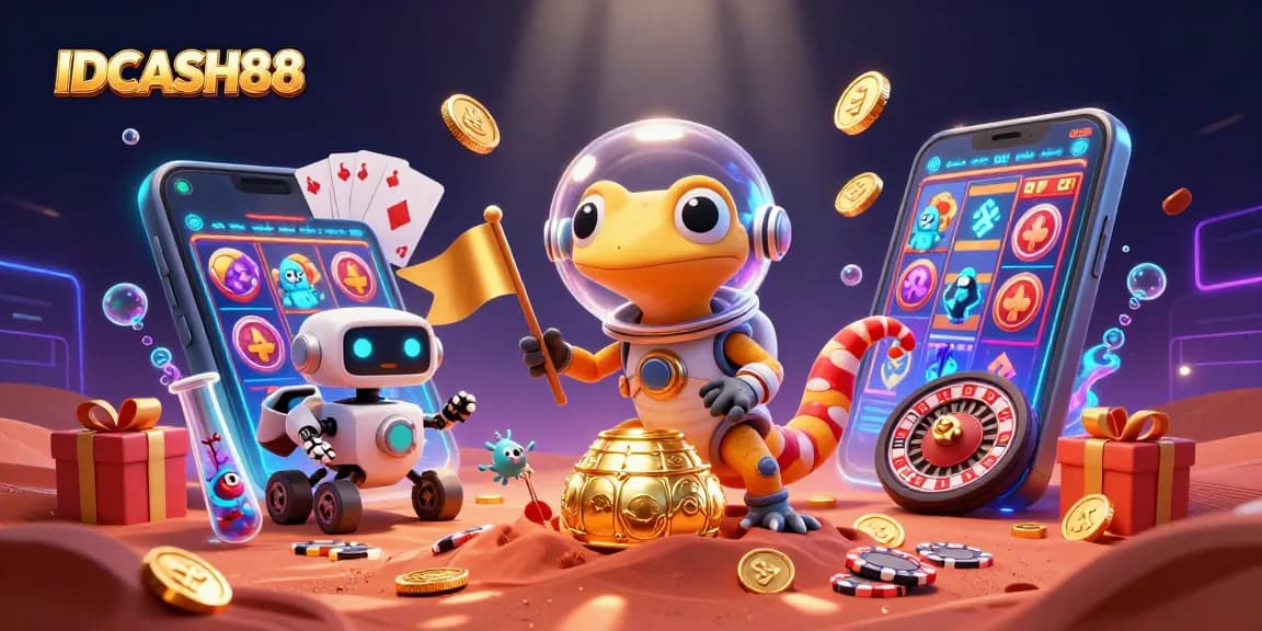 Experience thrilling gameplay at IDCASH88 with a vibrant casino scene featuring exciting slot games and cheers!