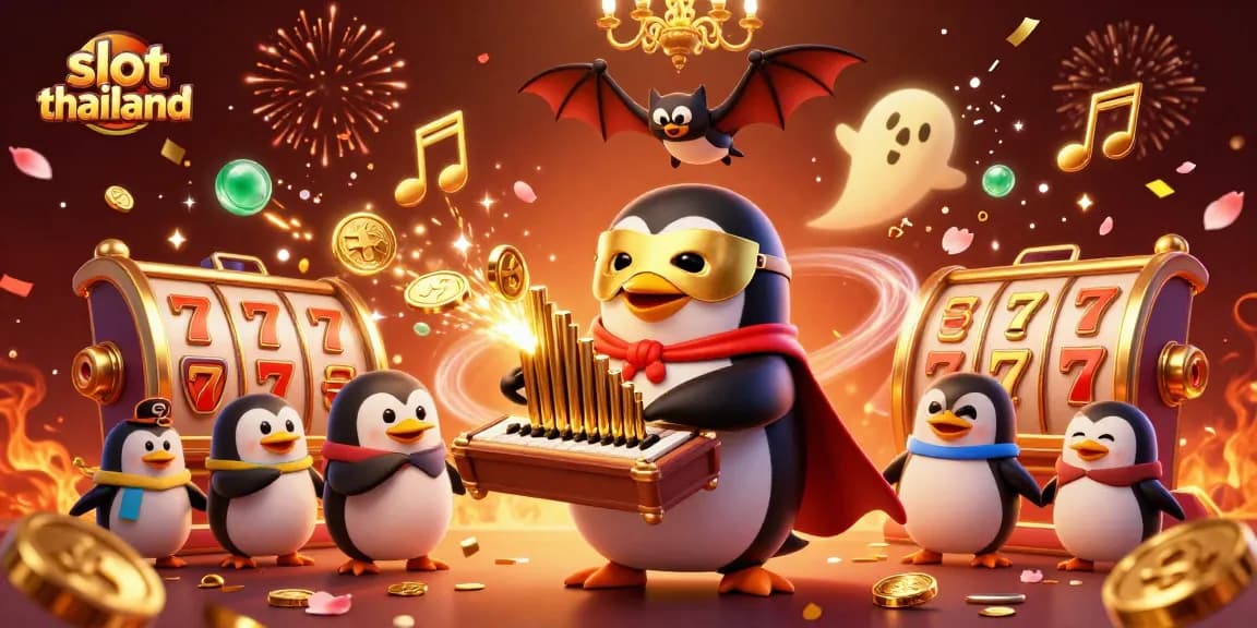 Experience thrilling gameplay in slot thailand with a vibrant scene of a penguin playing an organ surrounded by festive elements.