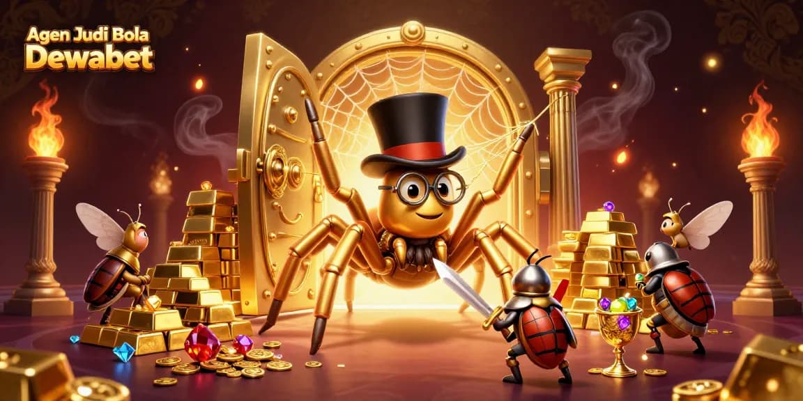 Agen Judi Bola Dewabet features a golden tarantula weaving golden threads in a vibrant casino scene.