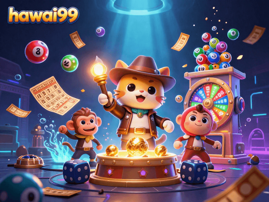 Join the adventure with hawai99 as a cat archaeologist and monkey discover golden casino artifacts among vibrant lottery elements.