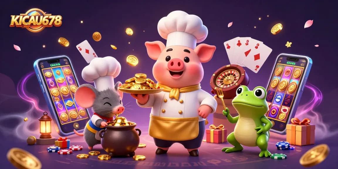 KICAU678 offers thrilling gaming action with a fun chef pig serving gold coins among vibrant slot games and playful characters.