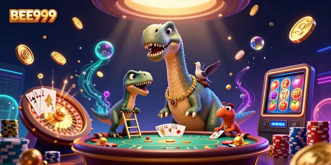 BEE999 offers an exciting casino experience showcasing a dynamic 3D scene with vibrant characters, gold coins, and games.