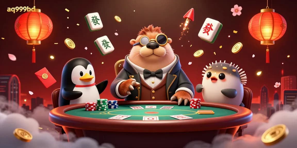 A dynamic poker scene featuring characters in the aq999bd casino, a walrus, penguin dealer, and a pufferfish player bluffing.