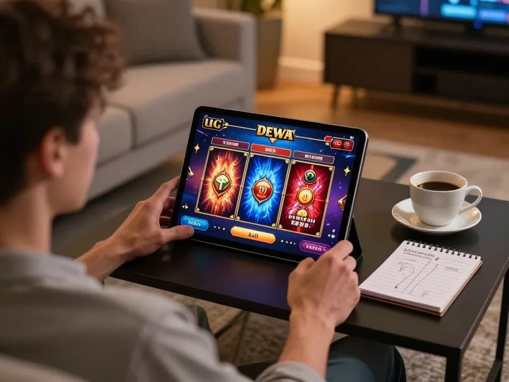 Player enjoying UG DEWA slot games on a tablet while analyzing strategy notes in a stylish living room