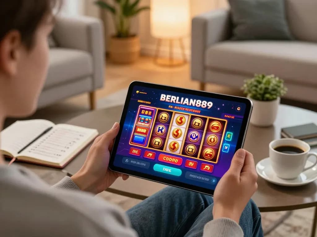 Engaging in online gaming with BERLIAN889 Login on tablet, showcasing excitement and strategies.
