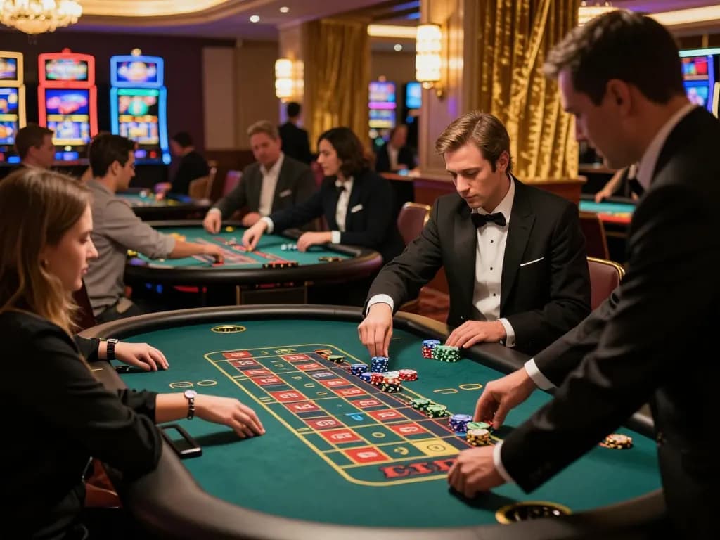 Players engaging at a roulette table in a vibrant casino scene showcasing tr88 excitement and strategic betting