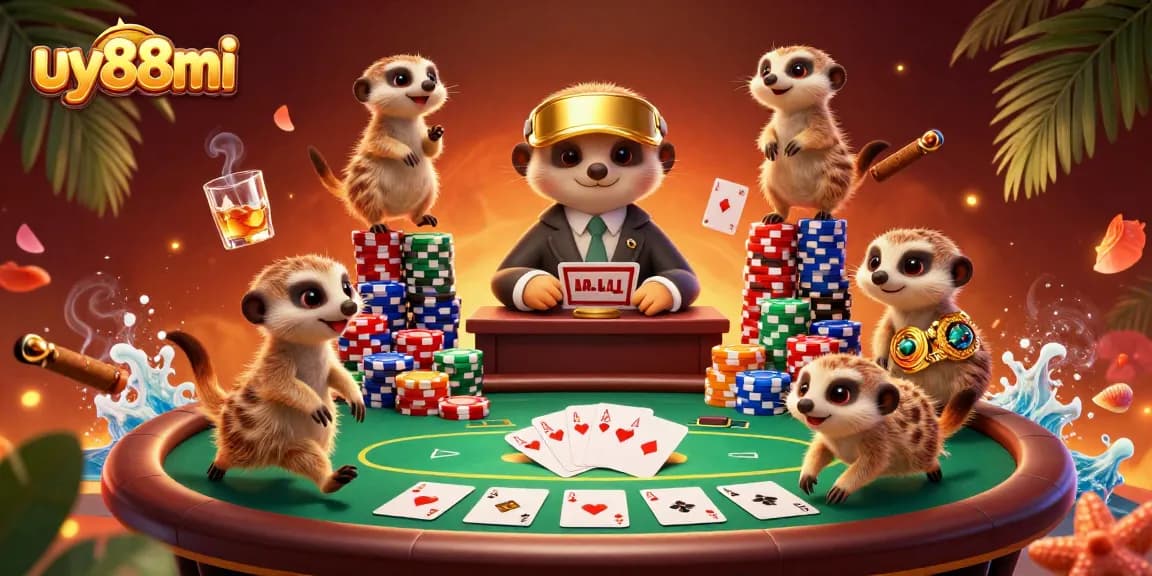 Play exciting games at uy88mi casino with meerkats managing bets and chips in a lively setting.