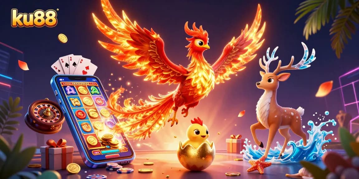 ku88 features a vibrant scene with iconic symbols of luck and gaming excitement.