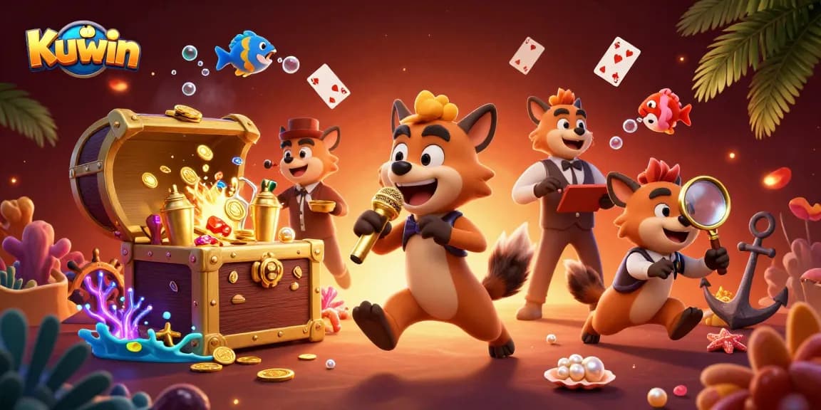 Kuwin casino scene captures hyenas celebrating with treasures in a vibrant comedy club atmosphere.