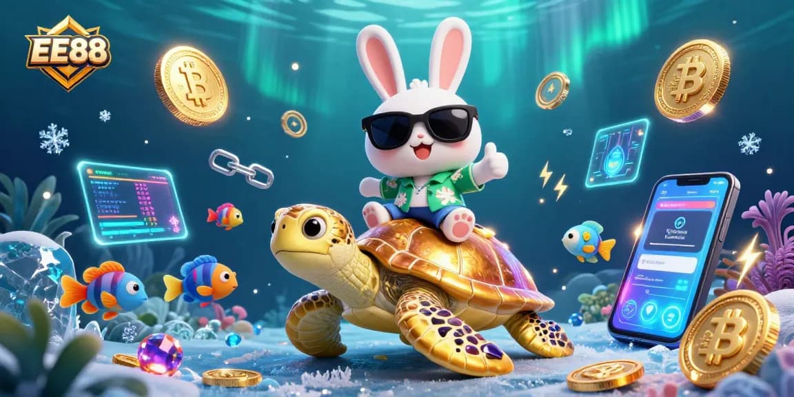 Join the fun at EE88, where players celebrate big wins amidst colorful casino and crypto elements.