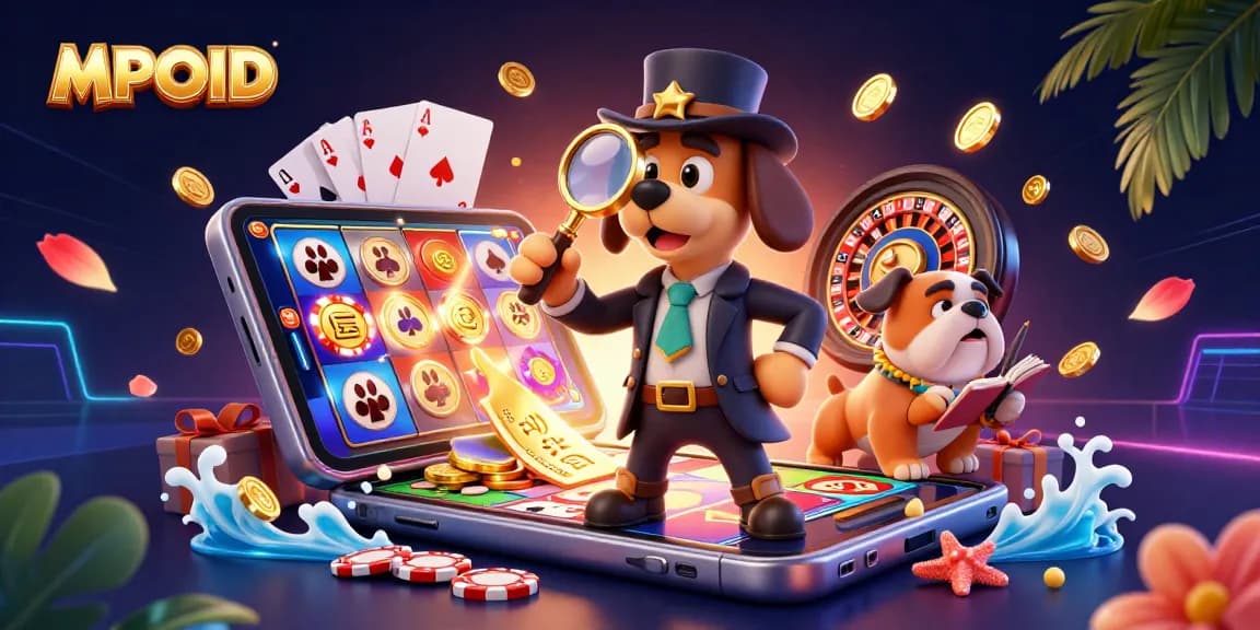MPOID reveals thrilling gaming with a cartoon detective and bulldog engaging with chips and games.